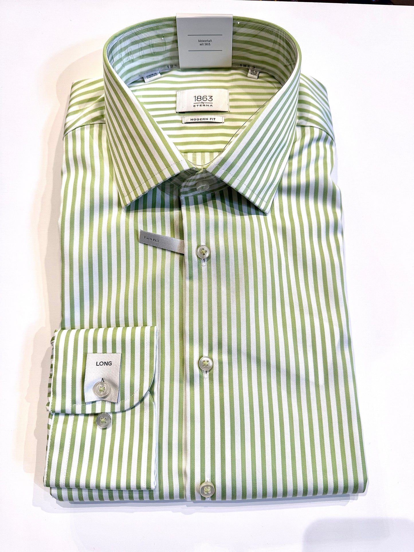 Eterna Striped Satin Modern Fit Kent Collar (Green)