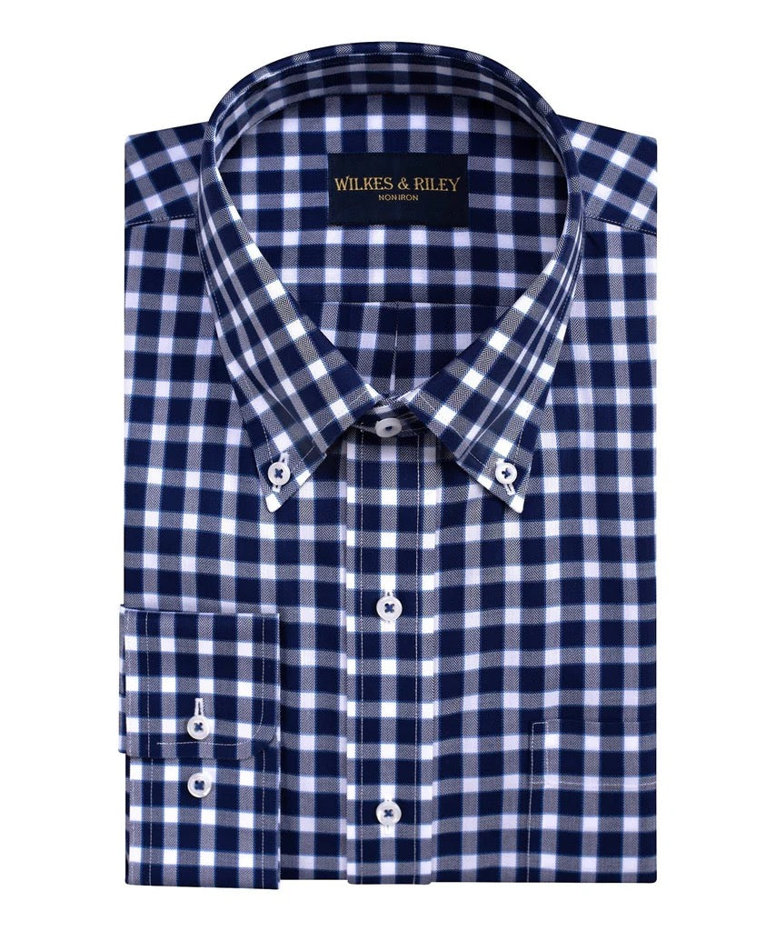 WILKES & RILEY Classic Fit Navy Herringbone Check Button-Down Collar Sport Shirt