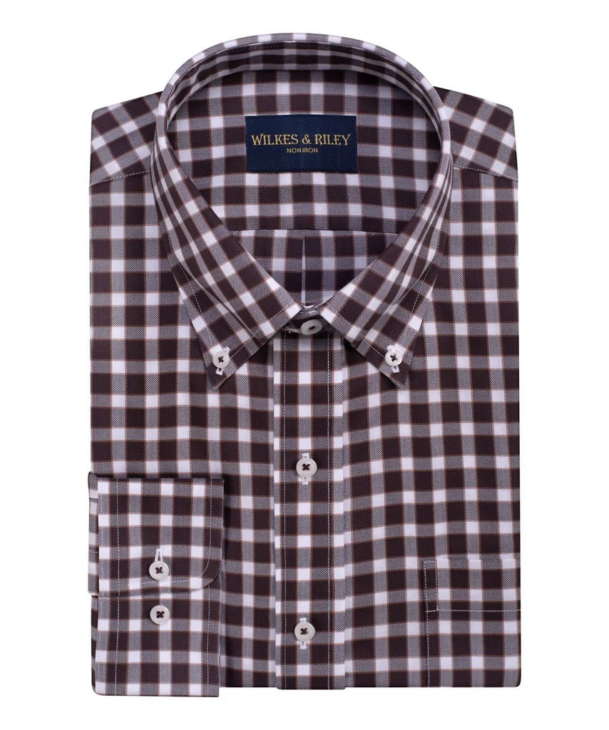 WILKES & RILEY Classic Fit Brown Herringbone Check Button-Down Collar Sport Shirt