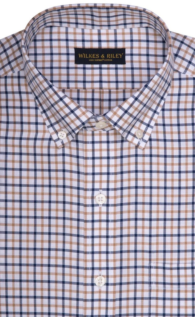WILKES & RILEY Classic Fit Tan/Navy Twill Check Button-Down Collar Sport Shirt
