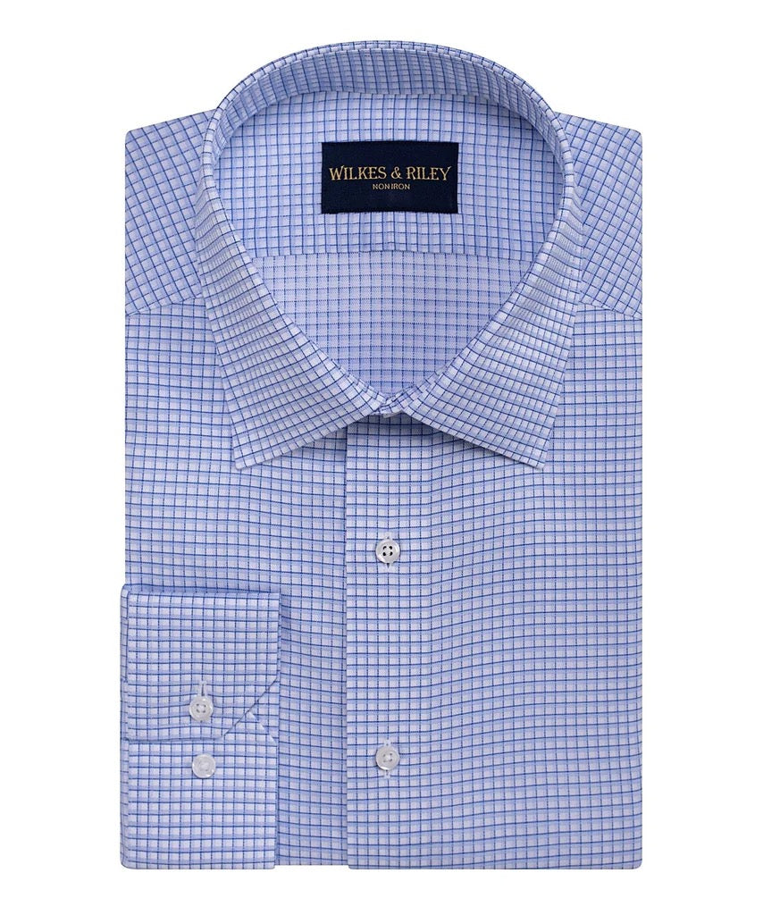 WILKES & RILEY Classic Fit Blue Twill Graph Check Spread Collar Dress Shirt