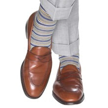 Ted and George Bay Blue, Saffron and Ash Variegated Stripe Mid-Calf Fine Merino Wool Sock