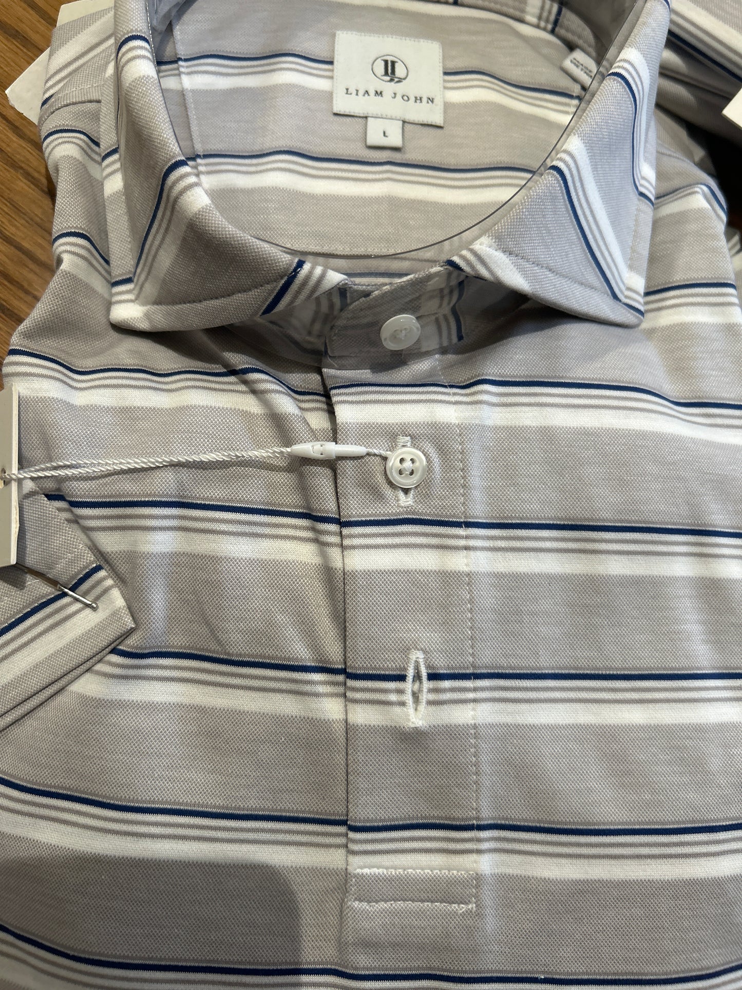 Liam John Tan w Navy Blue & White Stripe Polo