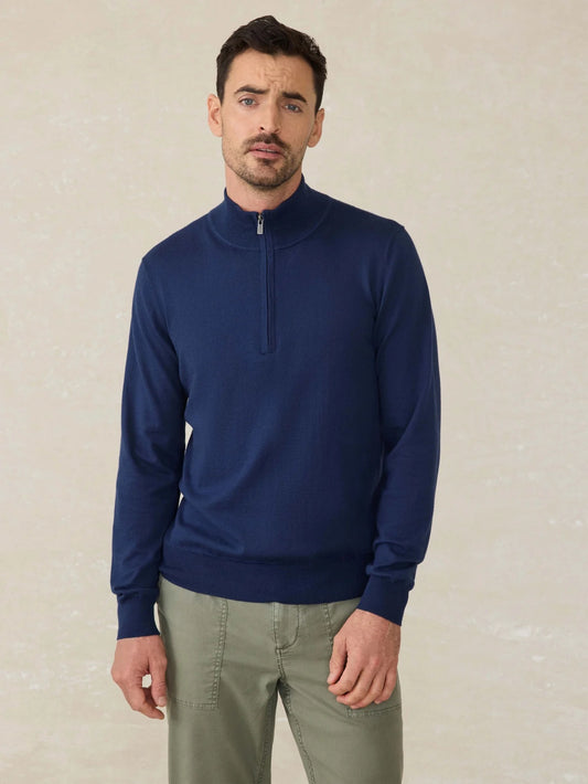 Faherty Movement Quarter Zip Sweater (Marine Navy Heather)