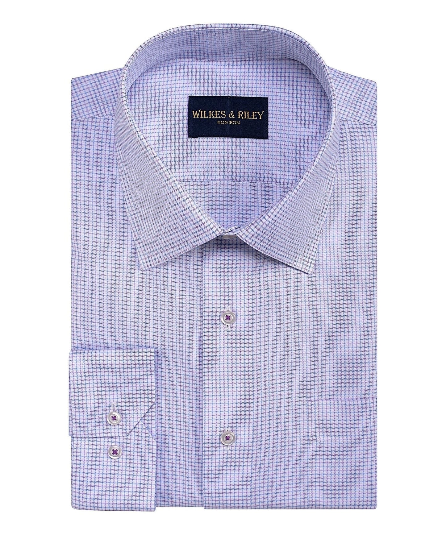 WILKES & RILEY Tailored Fit Raspberry & Sky Micro Check Spread Non-Iron Dress Shirt