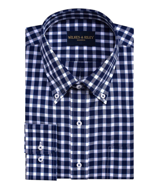 WILKES & RILEY Classic Fit Navy Herringbone Check Button-Down Collar Sport Shirt
