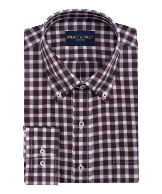 WILKES & RILEY Classic Fit Brown Herringbone Check Button-Down Collar Sport Shirt