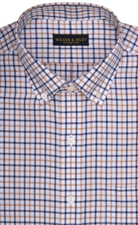 WILKES & RILEY Classic Fit Tan/Navy Twill Check Button-Down Collar Sport Shirt