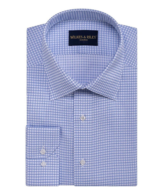 WILKES & RILEY Classic Fit Blue Twill Graph Check Spread Collar Dress Shirt